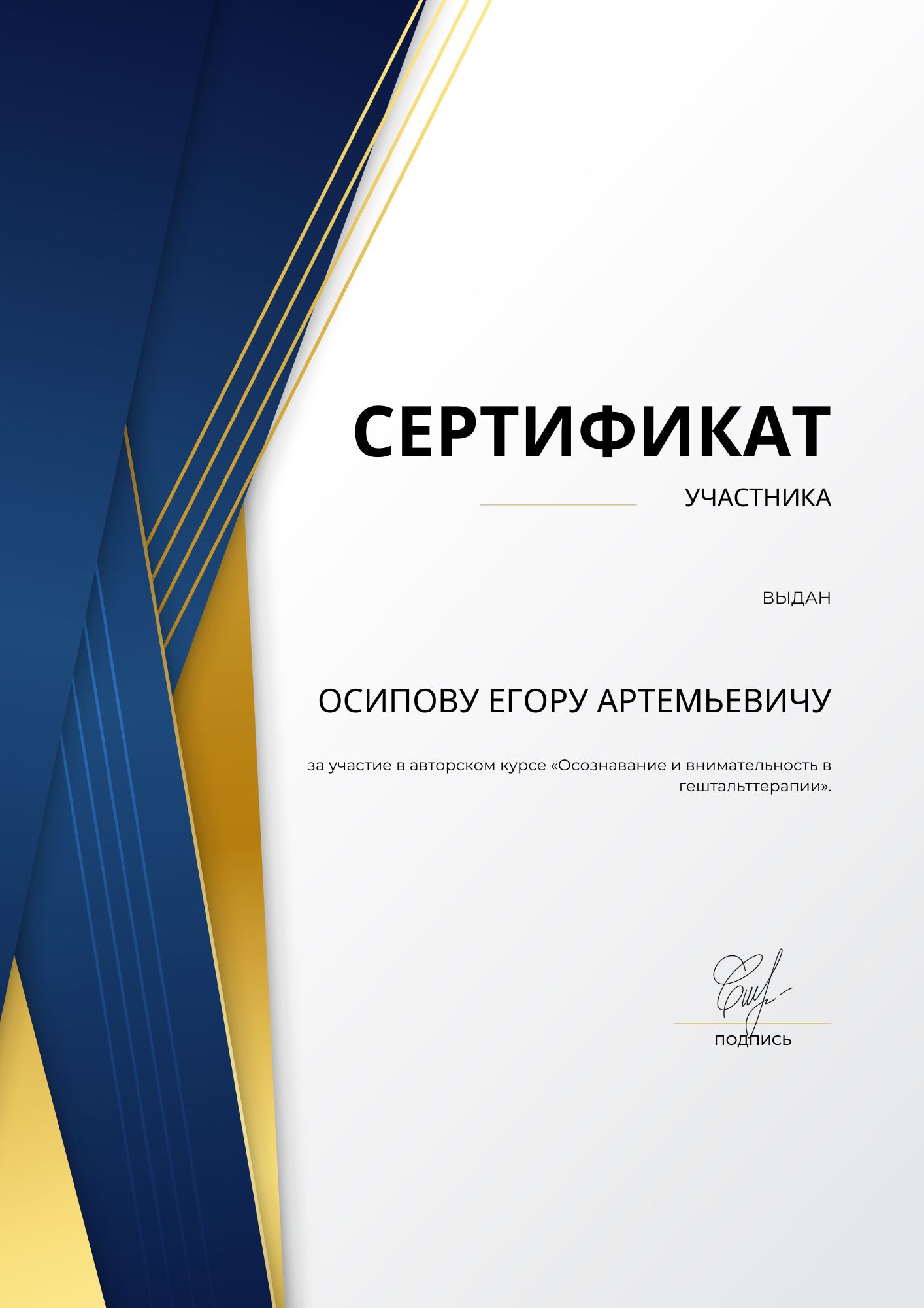 Фотография сертификата Осипова Егора Артемьевича за участие в авторском курсе